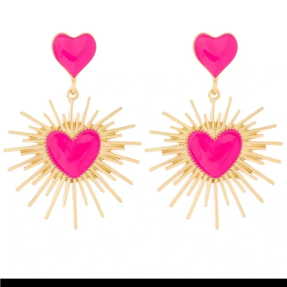 Pink Heart Statement Retro Gold Sunburst Dangle Valentine’s Day Jewelry